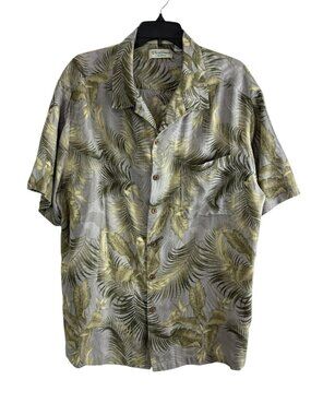 Caribbean Mens Shirt Silk  2XB Button Down Green Hawaiian Short Sleeve Pocket
